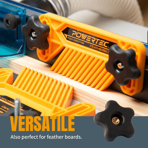 Heavy Duty T Track Kit With 2 Quick Release Toggle Clamps, 60 Lb Holding Capacity, 5/16-18 T-Bolts, close-up of clamp on feather board