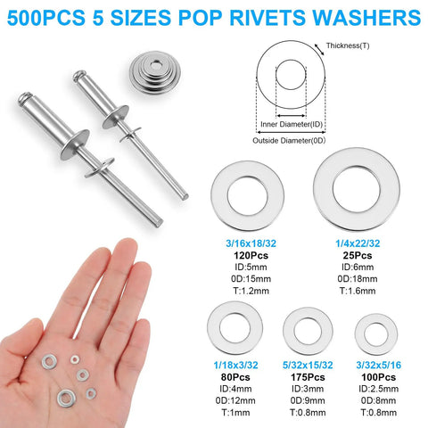 Must Have 1000-Piece Aluminum Pop Rivets Kit With 14 Sizes And Stainless Backup Washers, showing rivets and washers in hand.