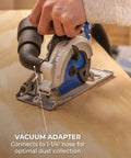Person using 20V Ionic Drive 4 1/2 Inch Circular Saw Bare Tool Pro Grade Power with brushless motor and integrated dust port