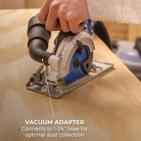 Person using 20V Ionic Drive 4 1/2 Inch Circular Saw Bare Tool Pro Grade Power with brushless motor and integrated dust port