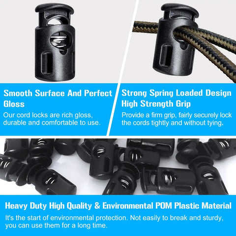 Durable POM Plastic Cord Locks Set with Single Hole Spring Toggles for Shoelaces, Drawstrings, Paracord, Bags and Clothing