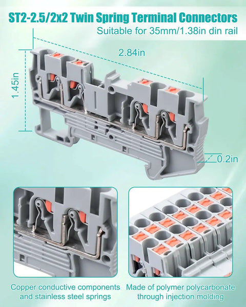 Industrial Grade Heavy Duty Din Rail Terminal Block Kit With 32 Amp Push In Connectors, 2.84in long by 1.45in high, designed for 35mm DIN rail.