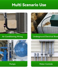 Multi-scenario use showing 25 Ft Liquid Tight Conduit And Connector Kit with installations in air conditioning, pumps, motor controls.