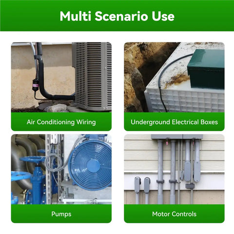 Multi-scenario use showing 25 Ft Liquid Tight Conduit And Connector Kit with installations in air conditioning, pumps, motor controls.