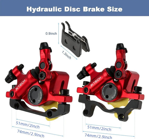 Hydraulic Disc Brake Caliper Set for Mountain Bikes and E Bikes, 2 Piece Front and Rear, Red Finish, dimensions displayed