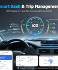 Car dashboard with HUD displaying speed, AI Assisted Wireless OBD2 Scanner For iPhone And Android All System Diagnostic Tool.
