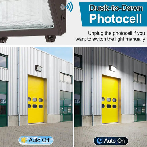 150W LED Wall Pack Light With Photocell Dusk To Dawn Outdoor Security Lighting on building wall with auto on/off feature