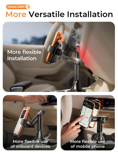 Upgraded Cup Holder Phone Mount With 360 Degree Swivel And Long Neck in car showing flexible installation with phone