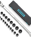 16.5 Inch Long Flex Head Nano Ratchet Wrench With 19 Piece Three Eighths Inch Drive Nano Impact Socket Set Includes 6mm To 24mm Metric Sockets Low Profile CrMo Sockets For Tight Spaces And Quick Fastening, with case and sockets