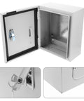 Weatherproof Wall Mounted Electrical Enclosure Box 250x300x140mm Thickened Metal Cabinet, open view showing interior and lock