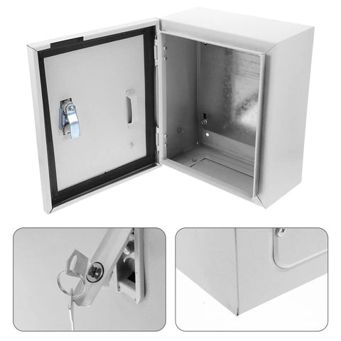 Weatherproof Wall Mounted Electrical Enclosure Box 250x300x140mm Thickened Metal Cabinet, open view showing interior and lock