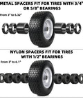Two Pack 13x5.00-6 Flat Free Tire And Wheel Assembly For Front Mower Wheel With A Three Inch Centered Hub And Three Quarter Inch Bearing Compatible With Riding Mowers And Garden Tractors Replacement Front Wheel, with spacers