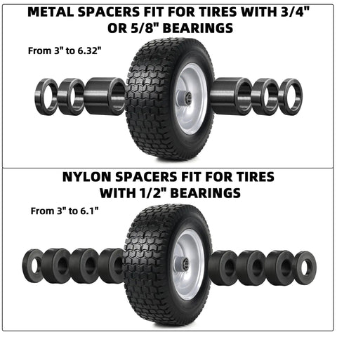 Two Pack 13x5.00-6 Flat Free Tire And Wheel Assembly For Front Mower Wheel With A Three Inch Centered Hub And Three Quarter Inch Bearing Compatible With Riding Mowers And Garden Tractors Replacement Front Wheel, with spacers