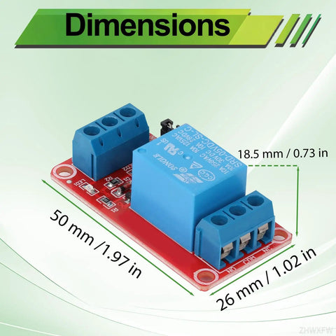 Front view of a Four Channel 5V Relay Module With Optocoupler Isolation, showing dimensions 50mm x 26mm x 18.5mm.