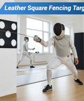 Fencer practicing with PU Leather Square Fencing Target Pad With Five Bullseyes, Wall Mounted Practice Target For Saber, Foil, And Epee