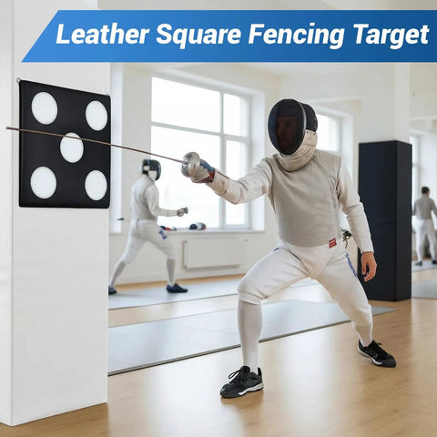 Fencer practicing with PU Leather Square Fencing Target Pad With Five Bullseyes, Wall Mounted Practice Target For Saber, Foil, And Epee