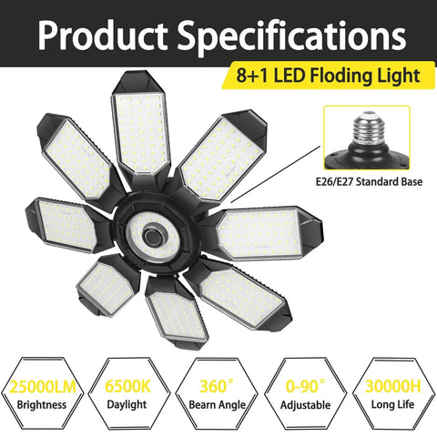 Ultra Bright 2 Pack 250W LED Garage Lights With 25,000 Lumens 6500K Daylight, 8 Plus 1 Deformable Panels, E26 E27 Base