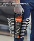 Heavy Duty 13 Piece Metric Ratchet Wrench Set With 72 Tooth Gear And 5 Degree Swing For Tight Spots Chrome Vanadium Steel Construction Wrenches From 6mm To 19mm Includes Handy Storage Rack, held in storage rack