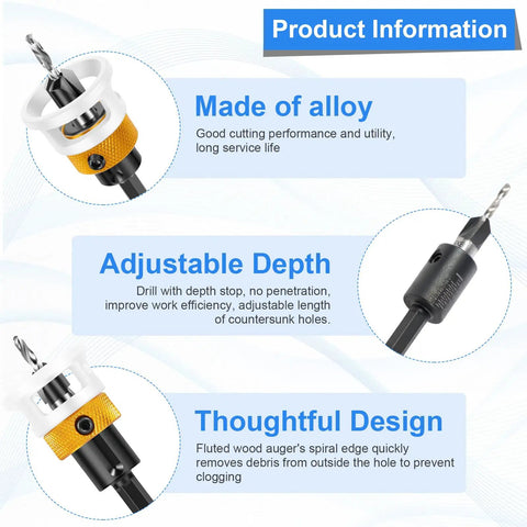 Six Piece Alloy Countersink Drill Bit Set With Depth Stop features close-up of alloy construction and adjustable depth design.