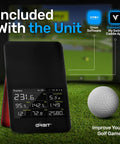 Orbit Golf Simulator And Launch Monitor For Home With Orion Software, digital display showing swing data next to golf ball