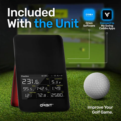 Orbit Golf Simulator And Launch Monitor For Home With Orion Software, digital display showing swing data next to golf ball