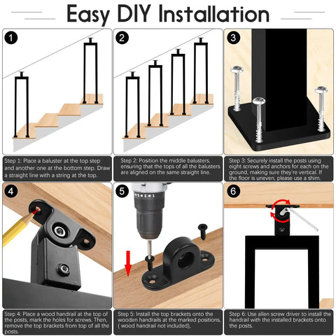 Installation guide for Three Pack 36 Inch Square U Shape Matte Black Metal Stair Balusters With Adjustable Top Bracket.