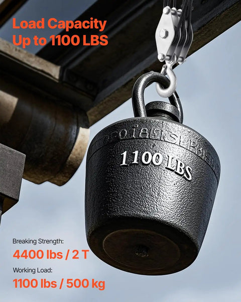 4400 Lbs Breaking Strength Rope Pulley Hoist With 100 Ft Rope 5 To 1 Lifting Power Beefy Heavy Duty Pulley System With Two Soft Loops Metal Wheels Bearing Structure Block And Tackle For Lifting Heavy Objects, 1100 lbs capacity