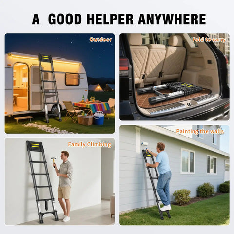 12.5ft Telescoping Aluminum Ladder, Heavy Duty 330 Lb Capacity, All Black, Triangular Stabilizers For Extra Stability, Non Slip Feet, Lightweight Yet Durable Extension Ladder For Home, Garage, And Job Site Go-To Workhorse. Outdoor use
