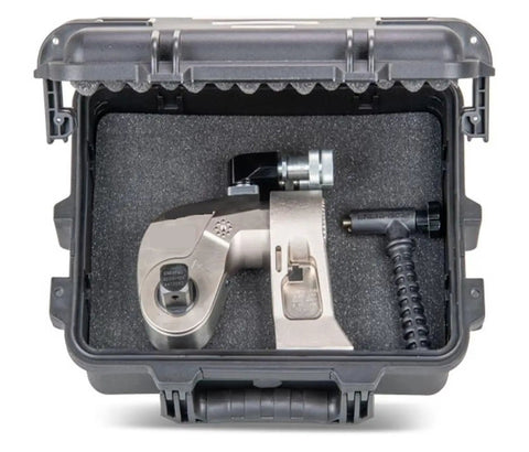 Heavy Duty Hydraulic Torque Wrench With 1 Inch Square Drive And Ergonomic Grip in a protective case, showcasing durable tools for industrial use.