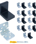 Heavy Duty Stainless Steel L Brackets With Black Protective Caps Pack Of 100 Anti Tip Shelf Brackets For Built Tough Storage with screws.
