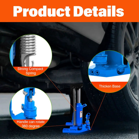 Premium Hydraulic Toe Jack Lift 20 Ton 44000 Lbs Heavy Duty Steel Auto Tool showing strong spring, 360-degree handle, and thickened base.