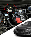 Brake Fluid Cap Replacement For Honda Cars Including Accord Civic S2000 Fit HRV CRV Hybrid CRZ Element And More Plug And Play Master Cylinder Fluid Reservoir Cap Fits Most Generations shown in car engine compartment.