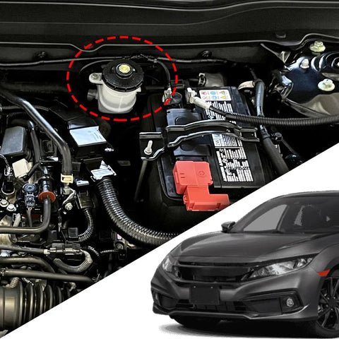 Brake Fluid Cap Replacement For Honda Cars Including Accord Civic S2000 Fit HRV CRV Hybrid CRZ Element And More Plug And Play Master Cylinder Fluid Reservoir Cap Fits Most Generations shown in car engine compartment.