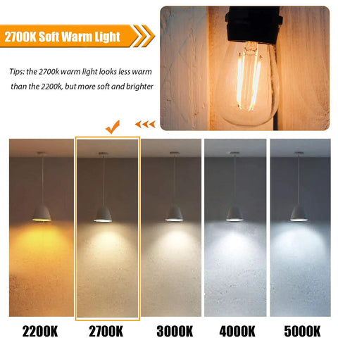Comparison of 2700K soft warm light and other light temperatures for 15 Pack Replacement LED Bulbs for Outdoor String Lights