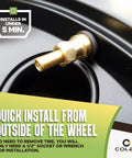 Permanent Valve Stem Replacement Kit For Tubeless Tires, Heavy Duty Metal Emergency Valve Stems, installed on wheel close-up