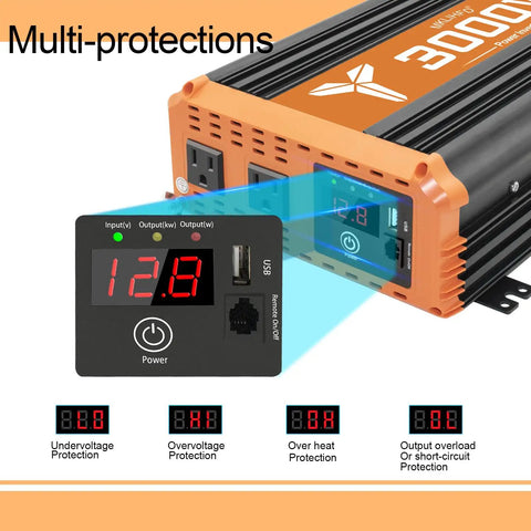 Heavy Duty 3000 W Dc To Ac Power Inverter With 6000 W Peak Surge and USB port showing multiple protection indicators.
