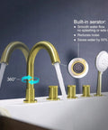 Brushed Gold Five Hole Roman Tub Faucet With Sprayer Deck Mount Tub Filler Set showing water flow features