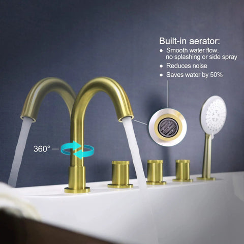 Brushed Gold Five Hole Roman Tub Faucet With Sprayer Deck Mount Tub Filler Set showing water flow features