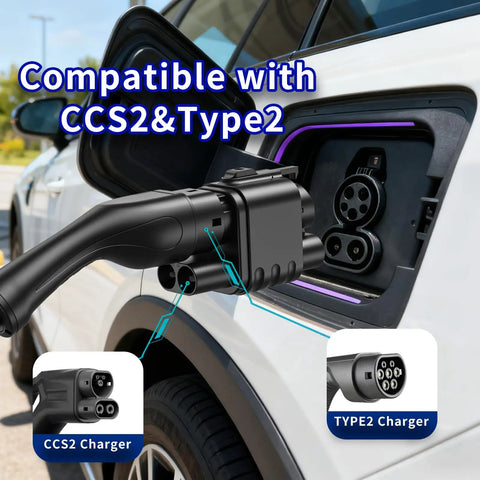 CCS2 To CCS1 EV Charger Adapter With DC And AC Dual Modes Bringing Hella Fast Charging Up To 1000V And 400A connecting to an electric car port.
