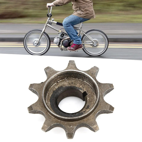 Front Sprocket For 415 Chain With Ten Teeth Iron Alloy Build For 2 Stroke Motorized Machines shown with rider on bike