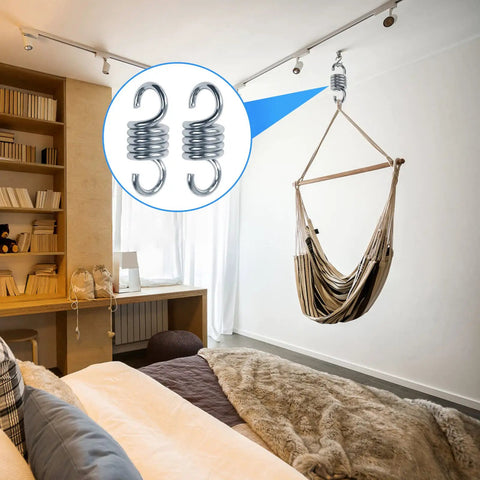 Bedroom view with hammock hanging using Beefed Up Heavy Duty Spring Hammock Kit 2 Pack, includes 4.25 inch steel springs.