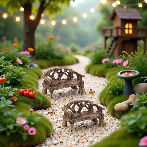 Two Piece Resin Garden Bench Set for Fairy Gardens and Dollhouses, realistic fairy village furniture ornaments on pebbled path.