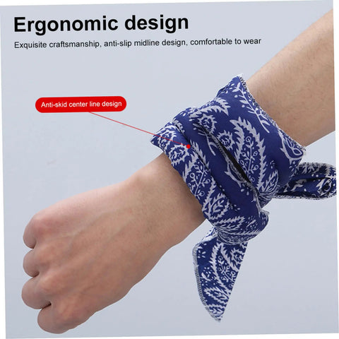 Close-up of Five Pack Water Activated Cooling Neck Wrap Bandanas Instant Ice Cold Scarf wrapped around a wrist with ergonomic design.