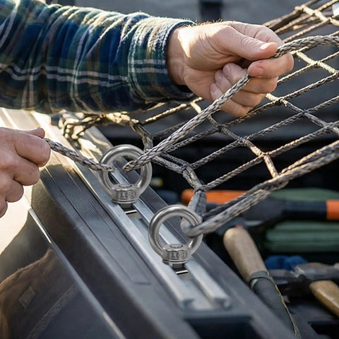 Attaching net using 18 Piece M6 T Track Mount Tie Down Anchor Kit 304 Stainless Steel T Slot Bolts With Eye Bolts on truck rack