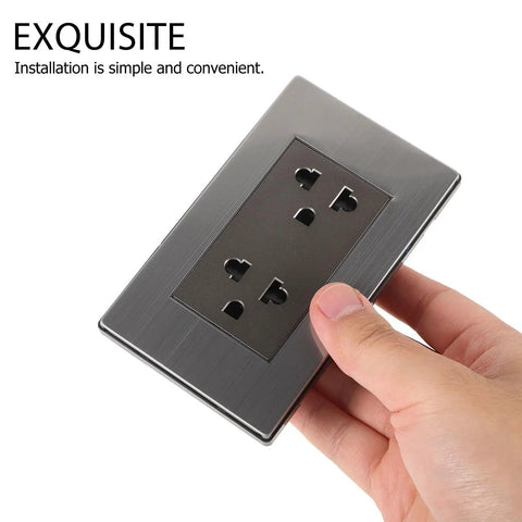 Heavy-Duty 6-Hole Circular Wall Outlet Socket Cover In Rust-Free Stainless Steel with a hand showing installation ease.