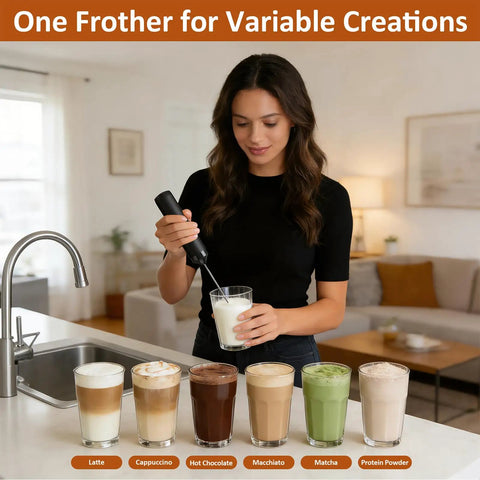 Rechargeable Milk Frother Handheld Electric Coffee Mixer Wand On The Go With Stainless Steel Whisk And Portable Case for making lattes.