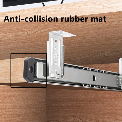 Two Pack 350mm Telescopic Keyboard Tray Guides With Height Adjustable Steel Rails In Black And Silver Heavy Duty Ball Bearing Sliding Runners Smooth Quiet Glide 40kg Capacity Badass Durability For Your Desk Always. anti-collision rubber mat on keyboard tray rail end
