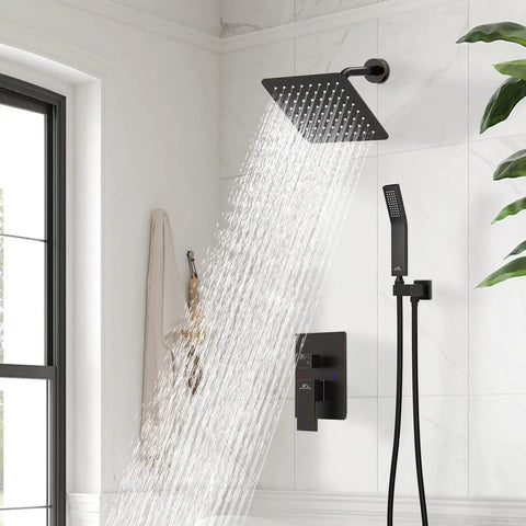 Brushed Nickel Shower System With 8 Inch Wall Mounted Rain Shower Head And Handheld Spray Valve And Trim Included For A Spa Like Upgrade