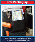 Person wearing tool belt with 600 Pcs Cotter Pins Assortment Kit With 31 Sizes In Premium 304 Stainless Steel box in pocket.