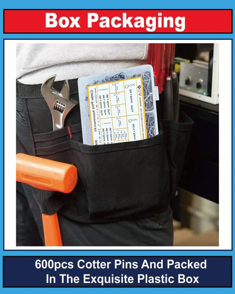 Person wearing tool belt with 600 Pcs Cotter Pins Assortment Kit With 31 Sizes In Premium 304 Stainless Steel box in pocket.